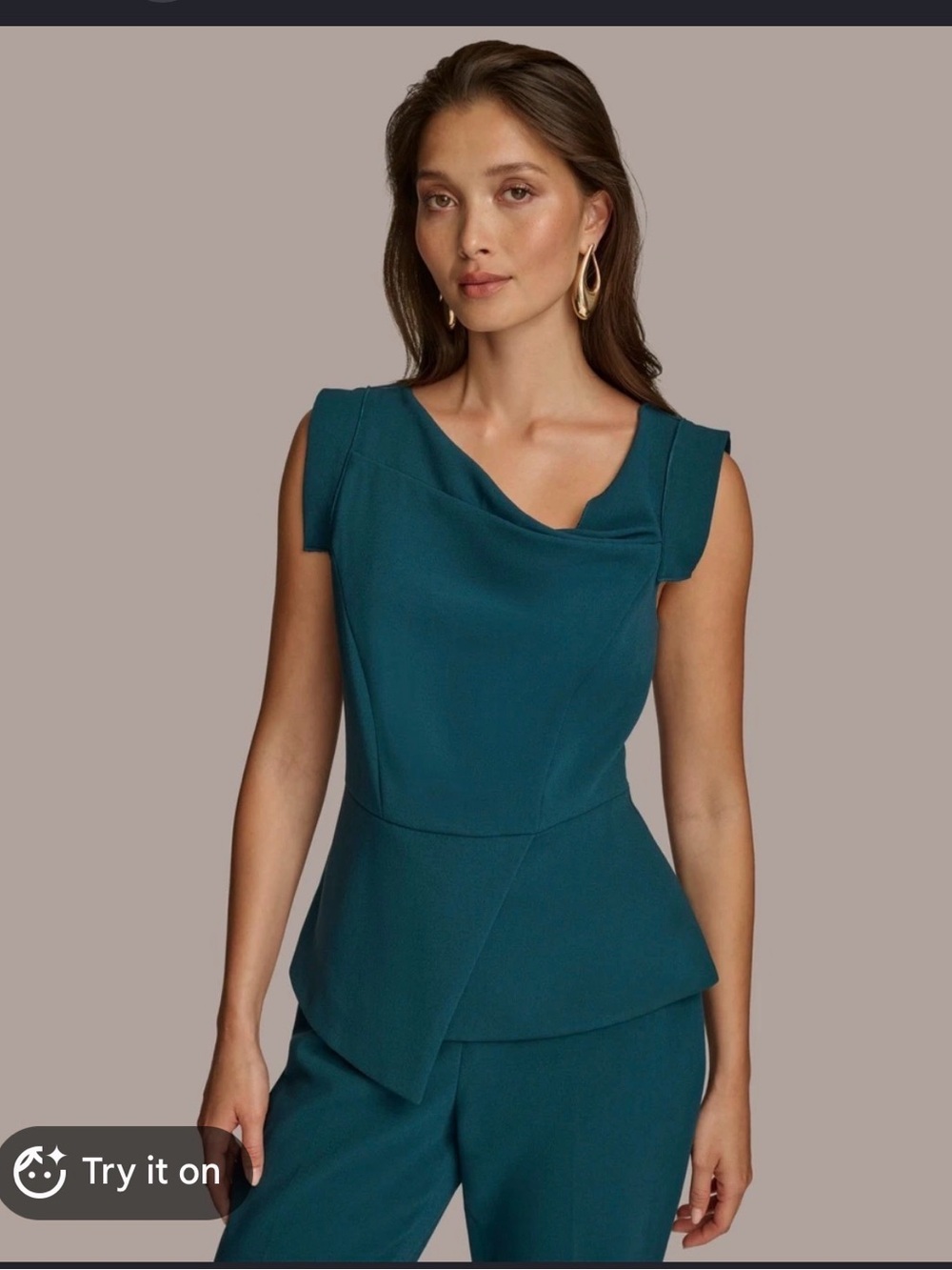 Donna Karan Teal Sleeveless Draped Peplum Top